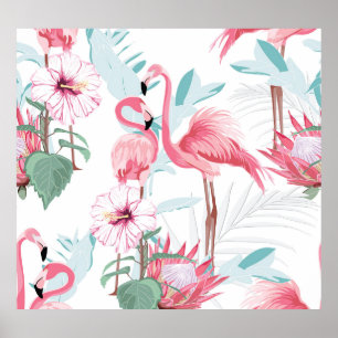 Roze Flamingo: Exotische bloemen naadloos. Poster