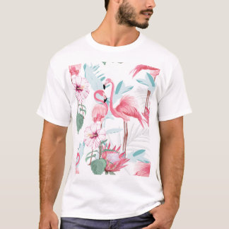 Roze Flamingo: Exotische bloemen naadloos. T-shirt
