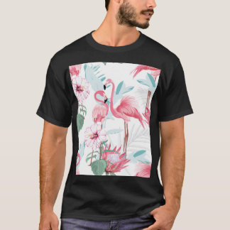 Roze Flamingo: Exotische bloemen naadloos. T-shirt
