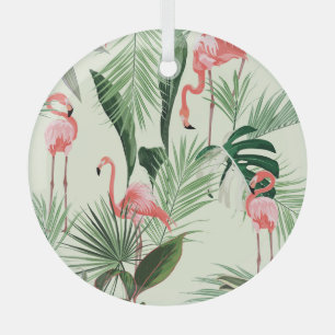 Roze Flamingo Exotische Bloemen Patroon Glas Ornament