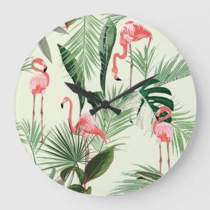 Roze Flamingo Exotische Bloemen Patroon Grote Klok