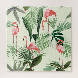 Roze Flamingo Exotische Bloemen Patroon Legpuzzel