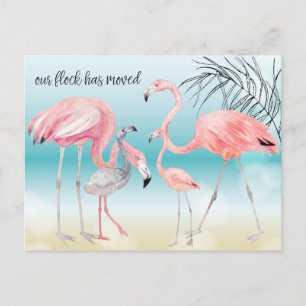 Roze Flamingo Familie op Bokeh Beach Nieuw adres Aankondigingskaart