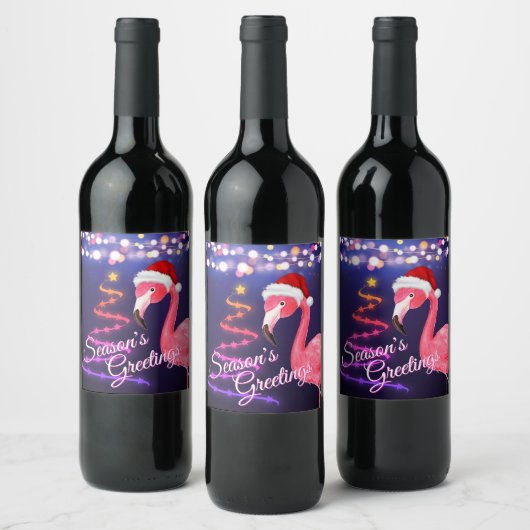 Roze Flamingo Festive Tropical Beach Kerstmis Wijn Etiket (Flessen)