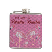 Roze flamingo Flamingos Paradise Beach Heupfles (Voorkant)