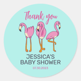 Roze Flamingo Flock Turquoise Blue Baby shower Ronde Sticker