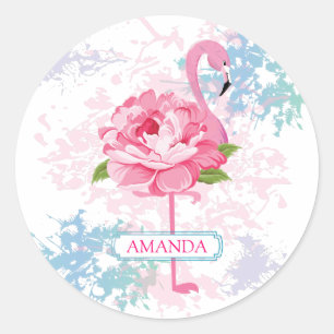 Roze flamingo Floral monogram Ronde Sticker