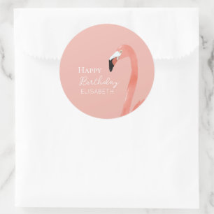 Roze Flamingo Gelukkige Verjaardag Gepersonaliseer Ronde Sticker