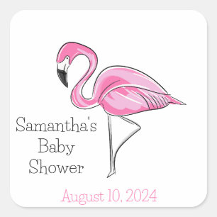 Roze Flamingo gepersonaliseerd Baby shower Vierkante Sticker