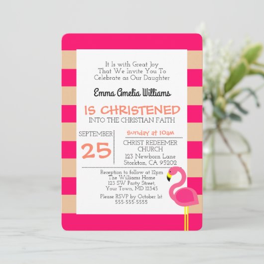 Roze flamingo gepersonaliseerde doop uitnodiging (Staand voorkant)