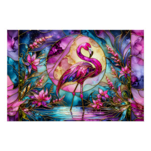 Roze Flamingo Glas-in-Lood Mozaïek Perfect Poster