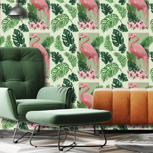 Roze flamingo groene bladeren Lily Behang