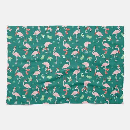 Roze Flamingo Groene Kerstvakantie Patroon Theedoek (Horizontaal)