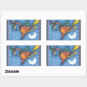 ROZE FLAMINGO HEKS, VLIEGEN OVER MAAN OP EEN BEZEM RECHTHOEKIGE STICKER (Vel)