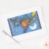 ROZE FLAMINGO HEKS, VLIEGEN OVER MAAN OP EEN BEZEM RECHTHOEKIGE STICKER (Envelop)