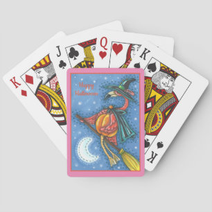 ROZE FLAMINGO HEXE, VLIEGT OVER MAAN OP EEN BEZEM POKERKAARTEN
