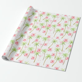 Roze Flamingo Hibiscus Bloemen Tropische palmbomen Cadeaupapier