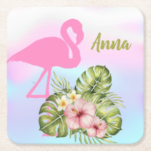 Roze flamingo Hibiscus Holographic Vierkante Kartonnen Onderzetter