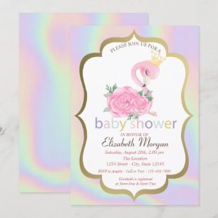 Roze Flamingo, Holografisch Baby shower Uitnodigin Kaart