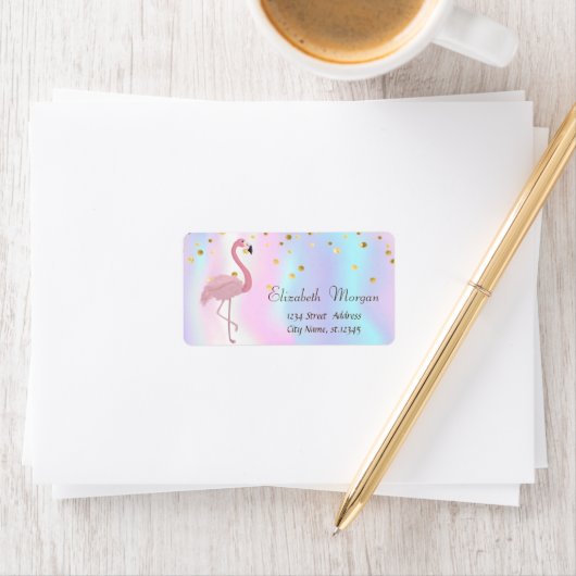 Roze Flamingo Holographic Gold Foil Confetti Etiket (Insitu)