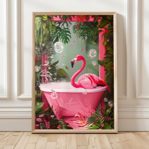 Roze Flamingo in Badkuip Print, Grappige Badkamer Poster