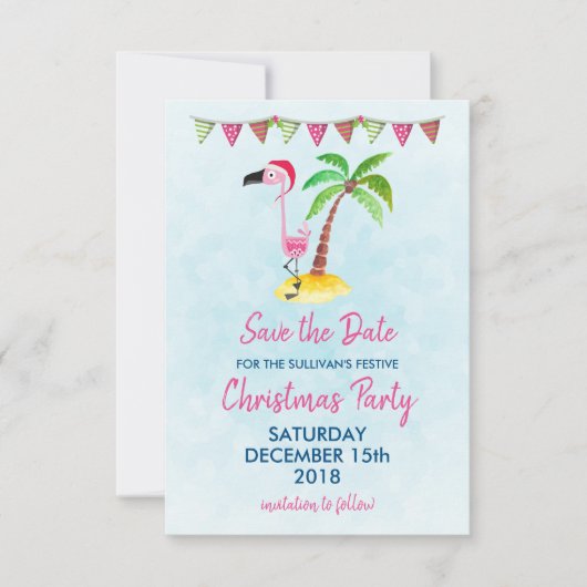 Roze flamingo in een kerstmuts | Feest Opslaan Dat Kaart (Voorkant)