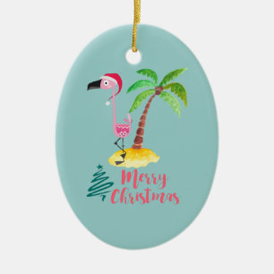 Roze flamingo in een Santa Hat Cute Keramisch Ornament