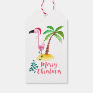 Roze flamingo in een Santa Hat met een palmboom Cadeaulabel