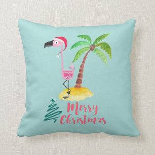 Roze flamingo in een Santa Hat met een palmboom Kussen