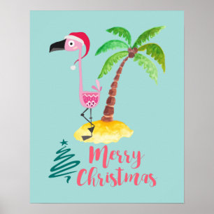 Roze flamingo in een Santa Hat met een palmboom Poster