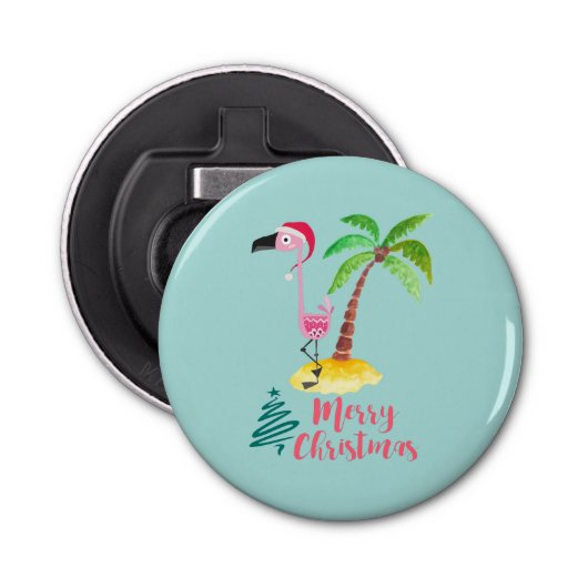 Roze flamingo in een Santa Hat met een palmboomwor Button Flesopener (Voorkant)