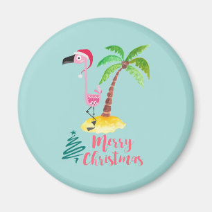 Roze flamingo in een Santa Hat met een palmboomwor Magneet