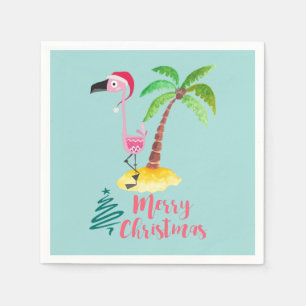 Roze flamingo in een Santa Hat met een palmboomwor Servet