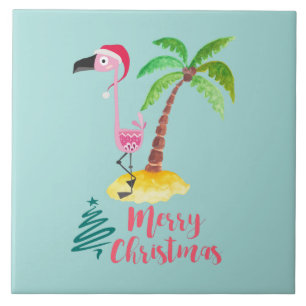 Roze flamingo in een Santa Hat met een palmboomwor Tegeltje