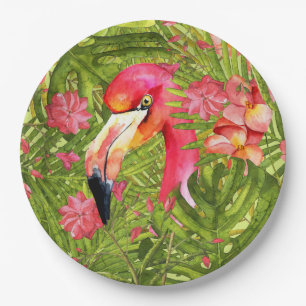 Roze Flamingo in het Oerwoud Palm en Monstera Papieren Bordje