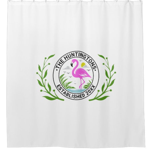 Roze Flamingo in het water Familienaam Datum Estd Douchegordijn (Voorkant)