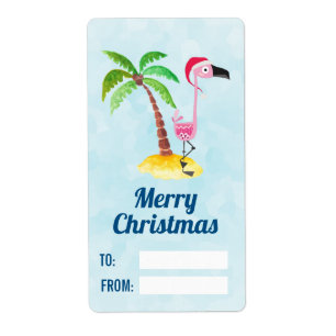 Roze flamingo in Red Santa Hat Kerstmis Etiket