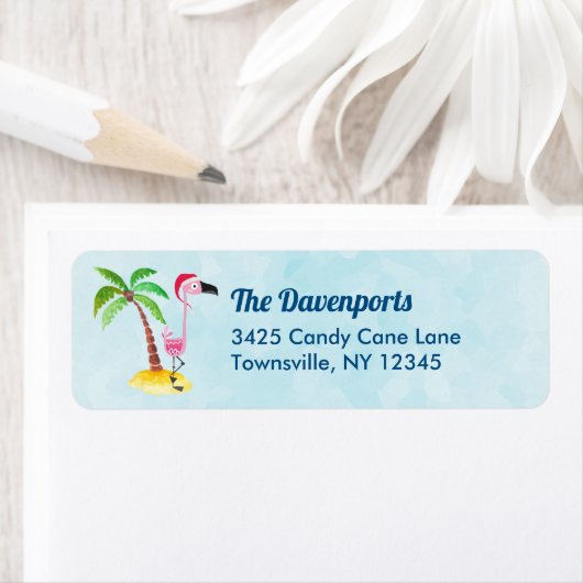 Roze flamingo in Red Santa Hat Kerstmis Etiket (Insitu)