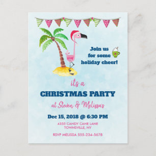 Roze flamingo in Red Santa Hat Kerstparty Briefkaart