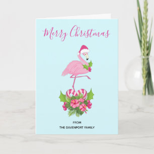 Roze Flamingo in Santa Hat met Candy Cane Bouquet Feestdagen Kaart