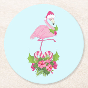 Roze Flamingo in Santa Hat met Candy Cane Bouquet Ronde Kartonnen Onderzetter