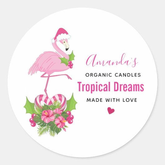 Roze Flamingo in Santa Hat Whimsical Candle Ronde Sticker (Voorkant)