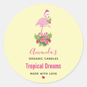 Roze Flamingo in Santa Hat Whimsical Candle Ronde Sticker