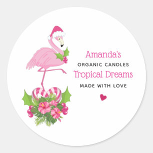 Roze Flamingo in Santa Hat Whimsical Candle Ronde Sticker