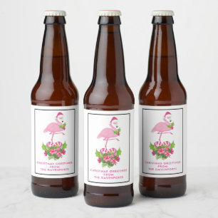 Roze flamingo in Santa Hat Whimsical Kerstmis Bier Etiket