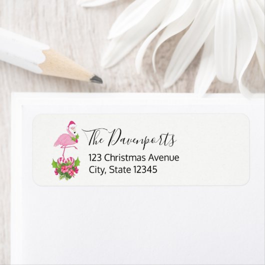 Roze flamingo in Santa Hat Whimsical Kerstmis Etiket (Insitu)