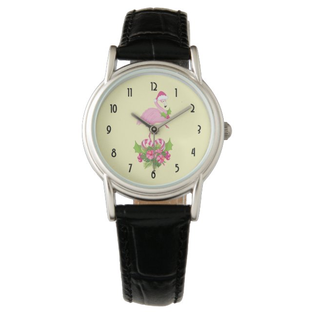 Roze flamingo in Santa Hat Whimsical Kerstmis Horloge (Voorkant)