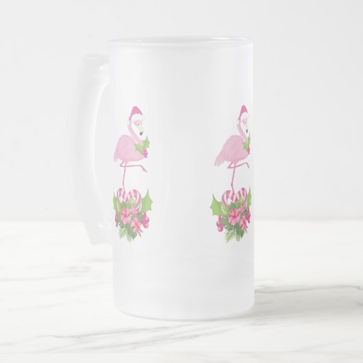 Roze flamingo in Santa Hat Whimsical Kerstmis Matglas Bierpul (Voorkant links)