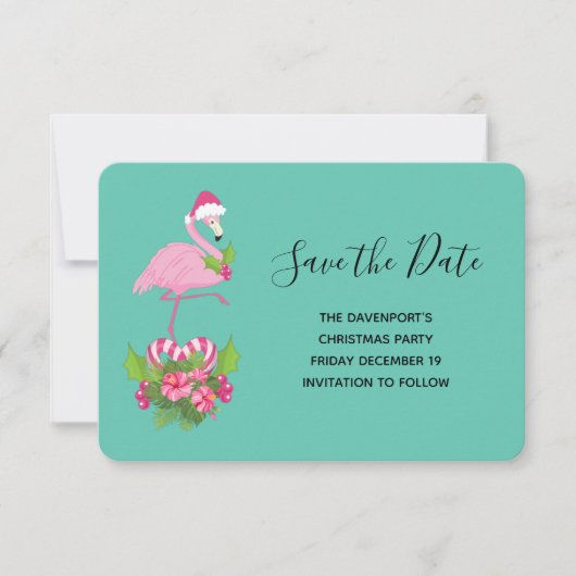 Roze flamingo in Santa Hat Whimsical Kerstmis Save The Date (Voorkant)