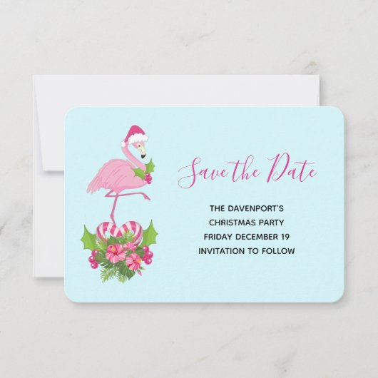 Roze flamingo in Santa Hat Whimsical Kerstmis Save The Date (Voorkant)